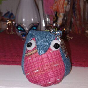 Kantha & Denim Plush Owl Keychain Pink With Angel " Cherish" Charm Handmade OK2.